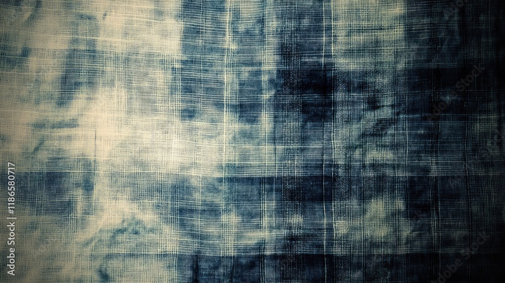 Aufkleber Textured vintage fabric background with grid patterns in muted blue and white tones for design and artistic projects.