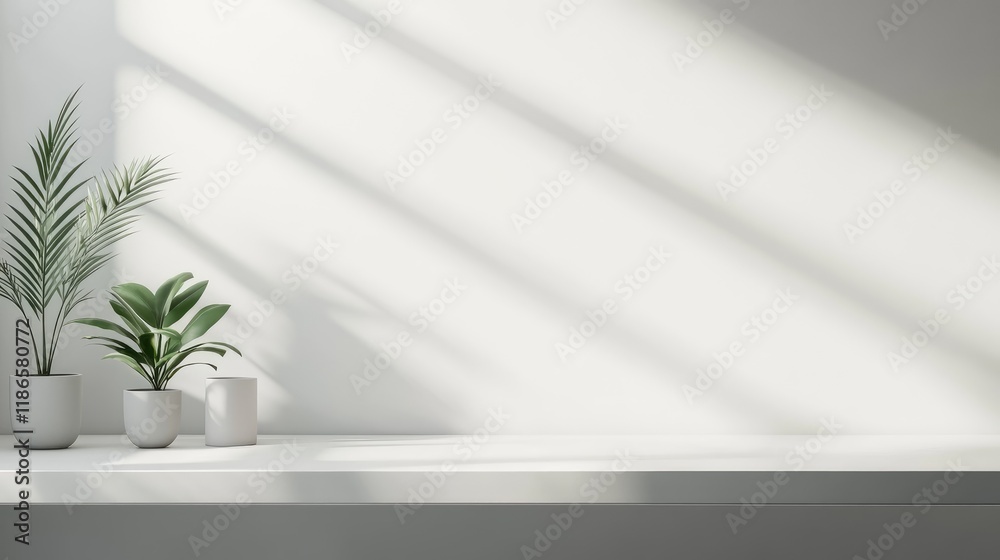 Poster minimalist white shelf with shadows and potted plants against a clean white wall perfect for showcas