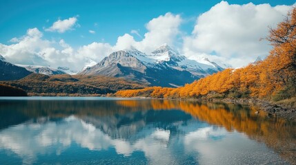 Serene Autumn Landscape with Tranquil Lake Reflecting Snow Capped Mountains and Vibrant Golden Foliage
