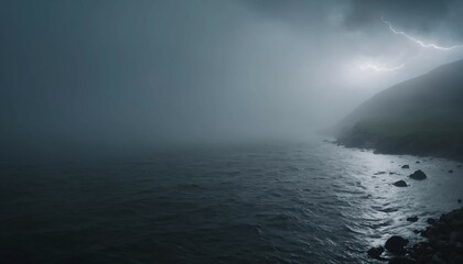 Quiet, fog-covered seascape in cinematic atmosphere, soft lightning