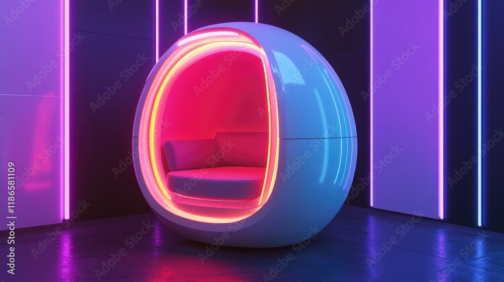 Poster futuristic white space pod illuminated by colorful neon lights in modern setting