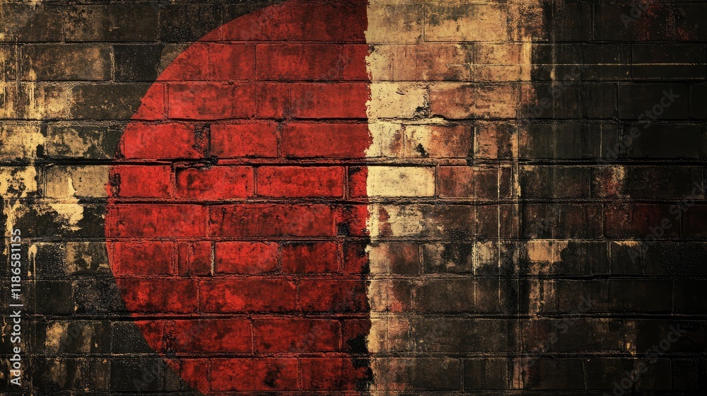 Aufkleber Weathered red brick wall with abstract circle design creating a rustic and artistic background for creative projects and designs