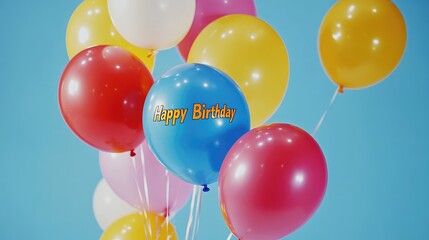 Colorful birthday balloons floating against a blue background, celebrating joy and special moments with festive decorations.