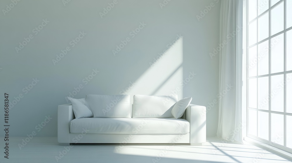 Aufkleber Minimalist white sofa by large window in bright empty room with natural light and soft shadows creating a serene atmosphere