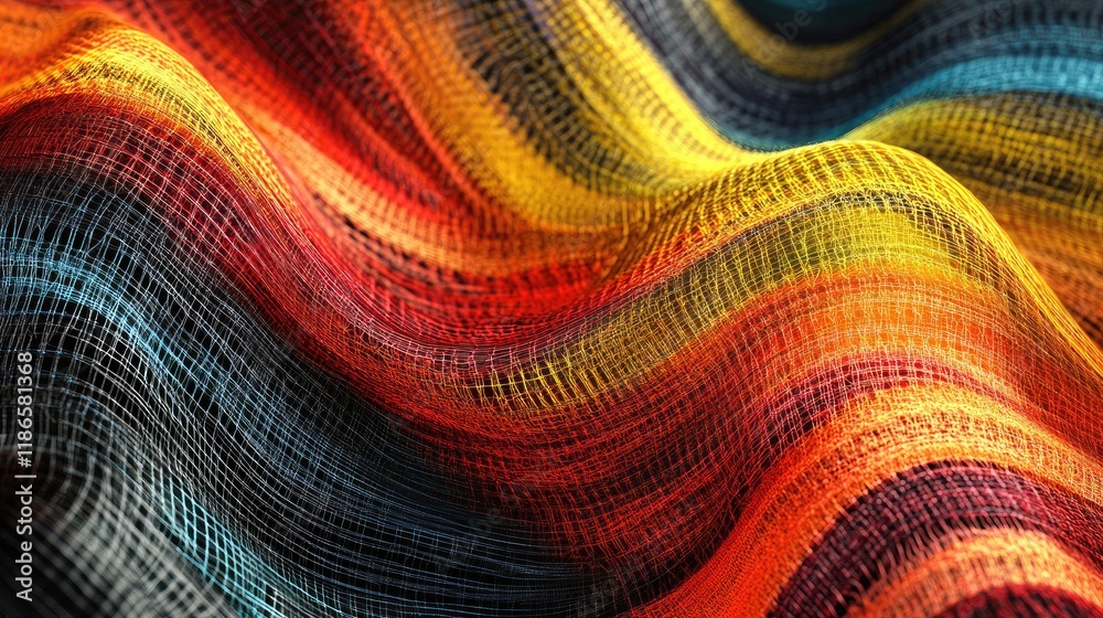 Poster vibrant abstract mesh background with colorful flowing lines in a dynamic wave pattern creating a vi