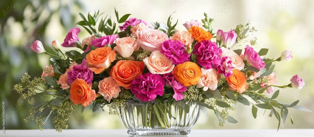 Poster elegant spring floral arrangement with ranunculus carnations and roses in a decorative vase compleme