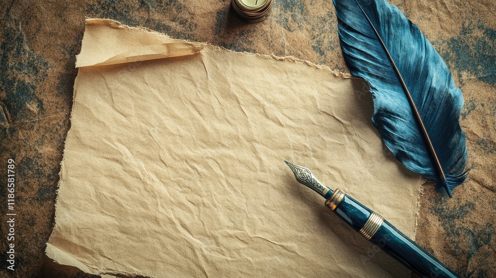Poster Vintage textured paper with a quill pen and ink bottle creating an elegant background for writing or artistic design projects