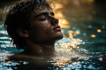 A person is submerged in water with their eyes shut, possibly meditating or relaxing