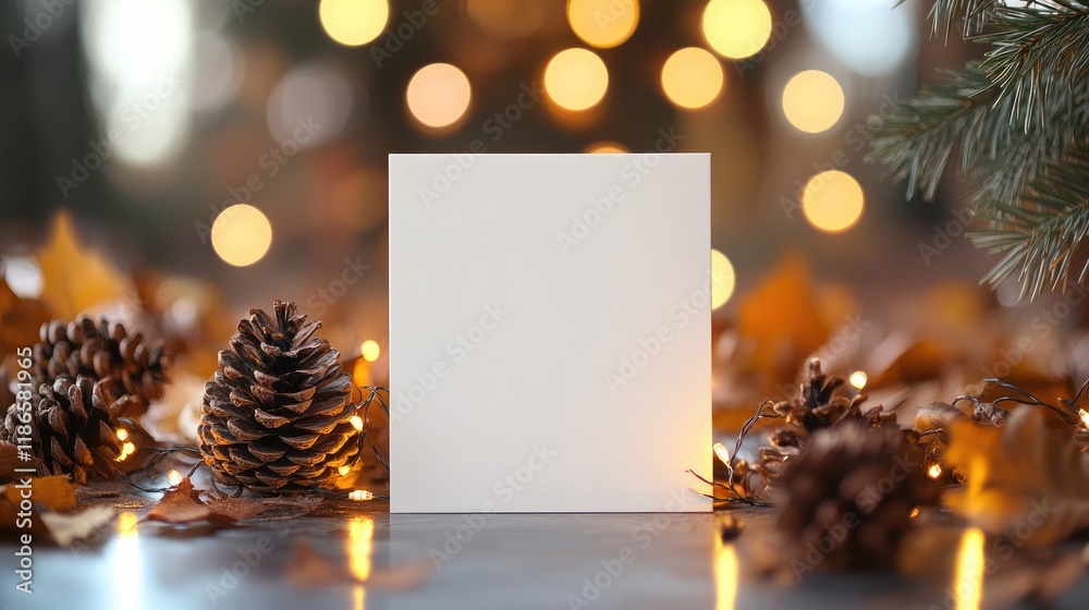 Poster autumn themed empty greeting card mockup surrounded by pine cones and warm bokeh lights in a cozy se