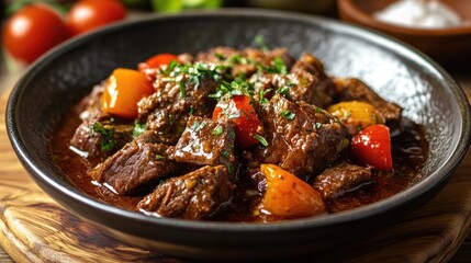 Braised Beef in Rich Tomato Sauce Garnished with Fresh Herbs and Colorful Peppers in a Rustic Bowl