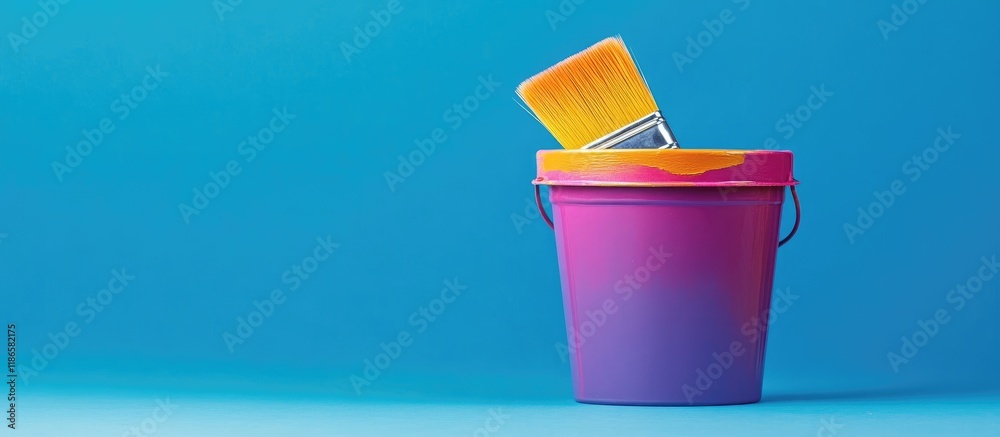 Poster colorful paintbrush resting in a vibrant gradient bucket representing creativity in home improvement