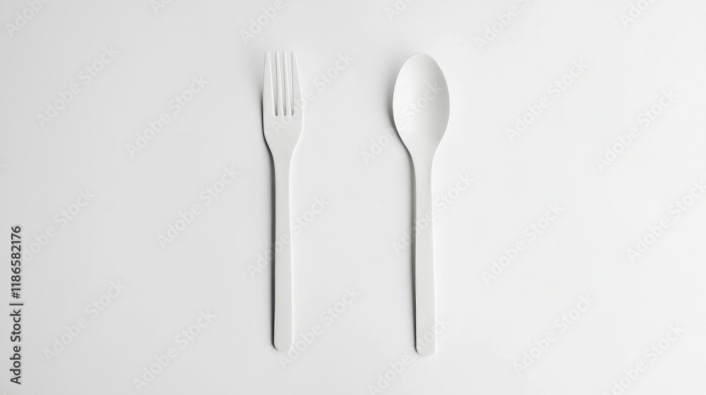 Poster minimalist white cutlery set fork and spoon isolated on white background ideal for restaurant or foo
