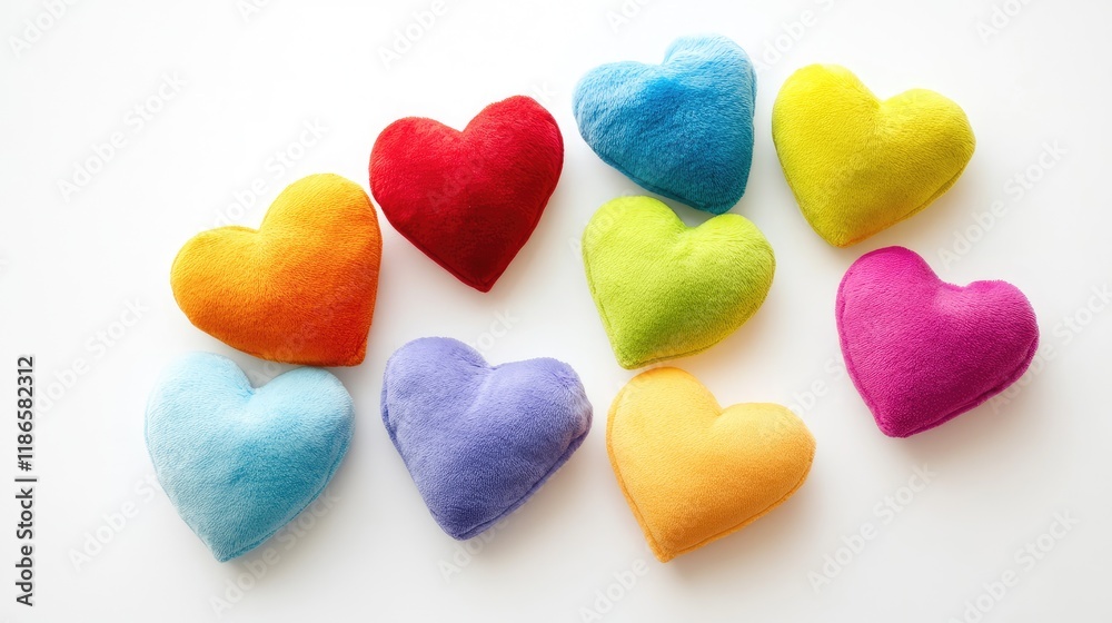 Poster Colorful plush heart shapes arranged on a bright white background creating a cheerful and playful decorative display.