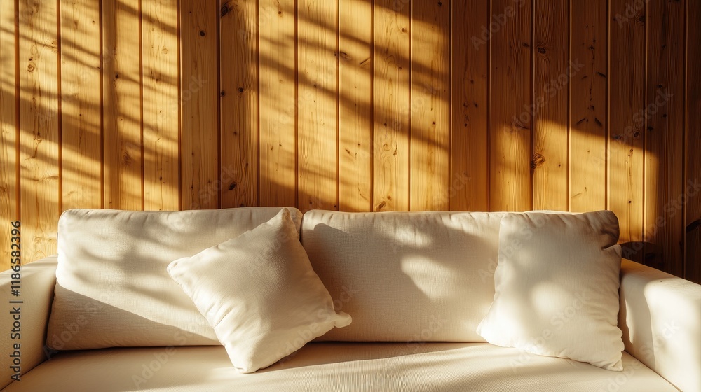 Poster minimalist white sofa with decorative pillows against wooden panel wall bathed in sunlight creating 