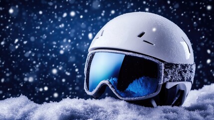 Sleek White Ski Helmet with Reflective Goggles Set Against a Dark Blue Background and Snowflakes for Winter Sports Theme