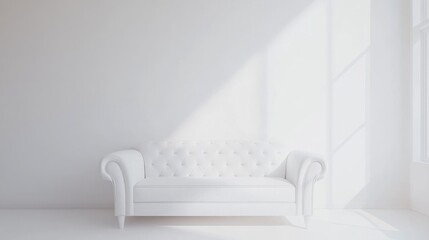 Minimalist Living Room Featuring Elegant White Sofa Against Bright White Wall and Soft Natural Light Shadows