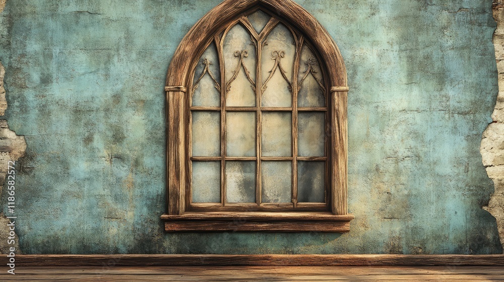 Poster vintage wooden window with intricate design set against a textured ancient wall in a rustic interior