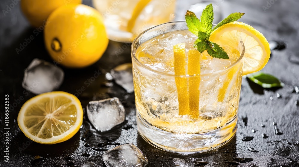 Poster Refreshing Vodka Cocktail Garnished with Lemon Slices on a Dark Surface Surrounded by Ice Cubes and Fresh Mint Leaves