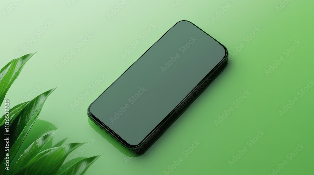 Poster smartphone mockup on monochromatic green background with lush greenery for digital presentation and 