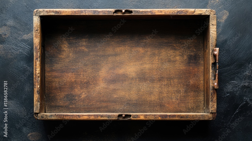 Poster vintage wooden box on dark textured background showcasing empty space for creative design or product