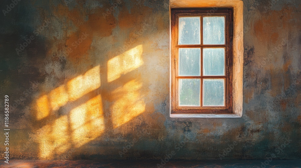 Poster sunlit vintage window casting warm reflections on weathered wall with soft light illuminating serene