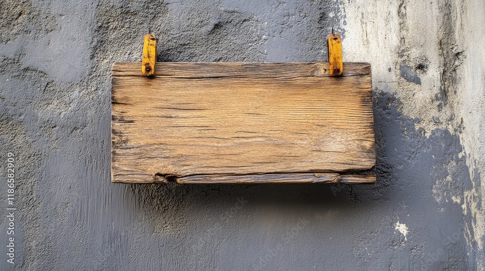 Poster weathered wooden sign mounted on a textured gray stucco wall creating a rustic and charming backdrop