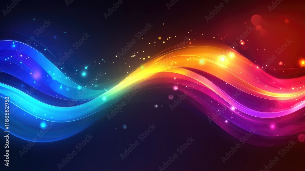 Poster dynamic colorful waves with sparkles on dark background for abstract design concepts