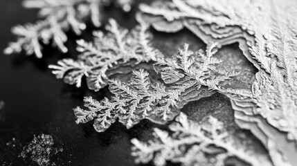 Intricate frost patterns on dark surface showcasing winter's beauty in black and white close-up photography