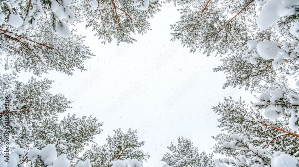 Poster Snowy Pine Trees Framing a Bright White Background with Ample Space for Text and Design Elements in the Center