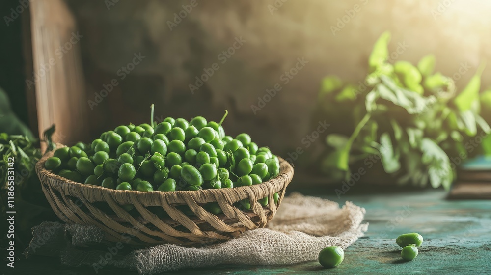 Aufkleber Freshly harvested green peas in a rustic basket with a soft background creating a warm and inviting food aesthetic