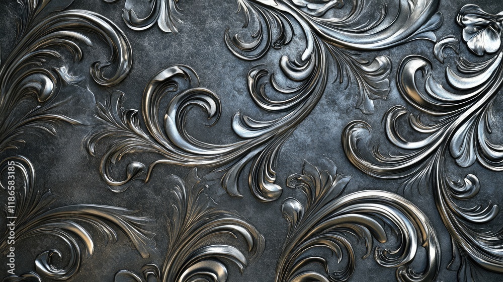 Poster elegant vintage silver ornamental texture background with intricate floral swirls and metallic finis