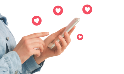 Contemporary art collage artwork featuring a hand holding a modern phone, heart social media badge