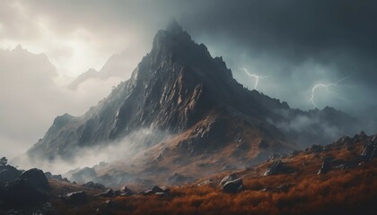 Naklejka premium Rusty, fog-covered mountain terrain, cinematic style, soft lightning