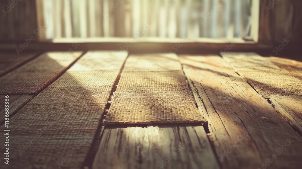 Aufkleber Vintage textured mats on rustic wooden floor illuminated by soft sunlight in a warm and inviting atmosphere