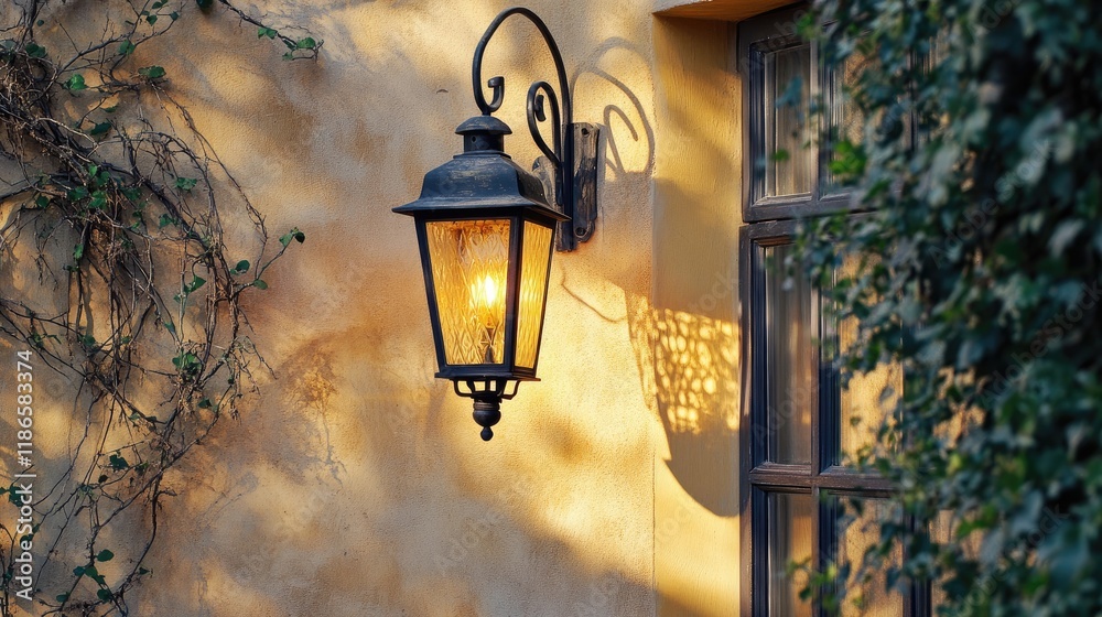 Poster Vintage gas lantern illuminating a rustic wall with intricate shadows and lush greenery creating a warm inviting ambiance.