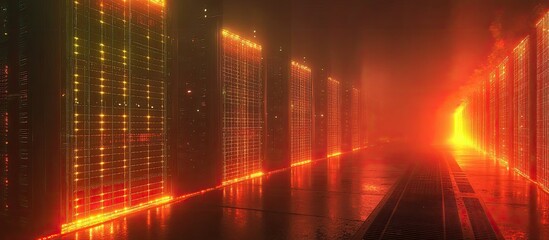 Cyberpunk Server Room: Glowing Servers in a Foggy Digital Landscape