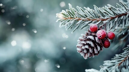 Frosted pine cone and red berries on evergreen branch signaling the arrival of winter in serene nature backdrop