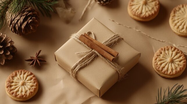 Minimalistic Christmas flat lay with handmade biscuits wrapped gift pine cones and cinnamon on brown craft paper with space for text - Powered by Adobe