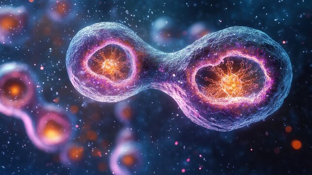 Vibrant Visualization of Euglenoid Organisms Undergoing Cellular Division in a Microscopic Environment with Colorful Background Effects