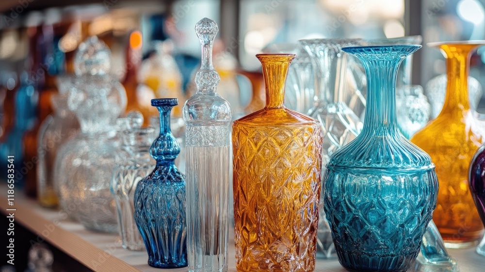 Poster colorful vintage glass collection showcasing various intricate designs and textures in a charming di