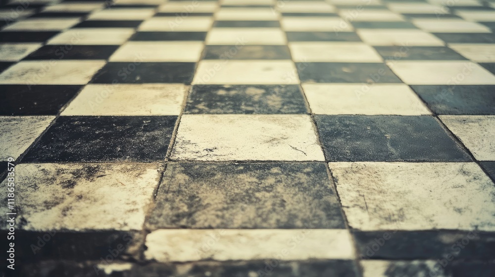 Poster worn checkerboard floor background with vintage grunge texture showing scratches and imperfections i