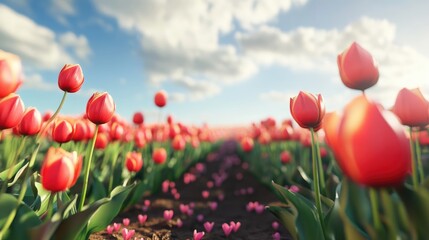 Vibrant tulip field under a bright blue sky with fluffy clouds creating a picturesque spring landscape.