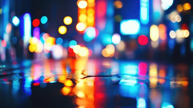 Vibrant neon light reflections on wet city streets at night creating a colorful and dynamic urban backdrop with space for text.