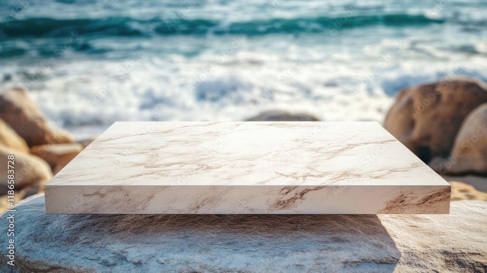 Poster elegant white stone table against a blurred beach backdrop creating a serene coastal atmosphere perf