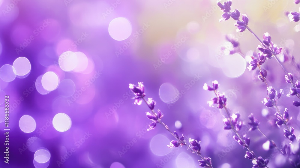 Poster violet and white bokeh background featuring delicate lavender flowers in a serene natural setting