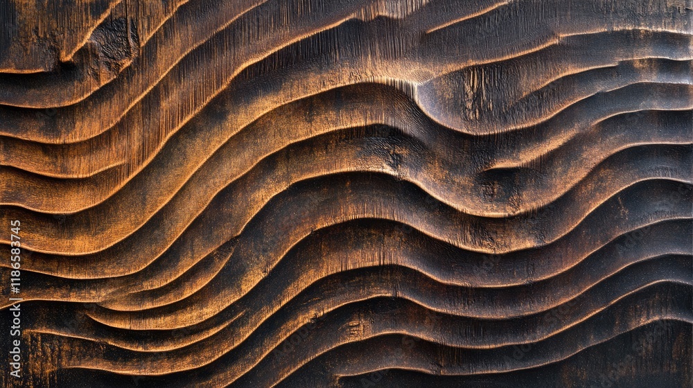 Poster Abstract vintage wood texture with dynamic wave patterns showcasing rustic craftsmanship and a rich, dark patina for design backgrounds.
