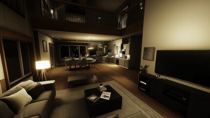 Fototapeta premium Modern open-plan house interior at night, showing living room, dining area, and kitchen.