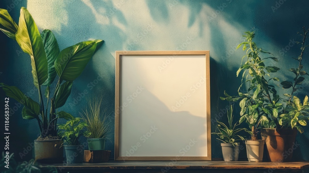 Poster blank picture frame surrounded by lush green plants on a wooden table in a serene indoor setting wit