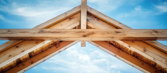 Obraz premium Wooden framing beams in construction highlighting structural details and progress against a clear blue sky backdrop.