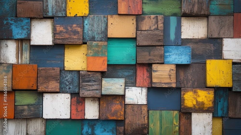 Aufkleber colorful vintage wooden wall background with varied textures and patterns for creative design and ru